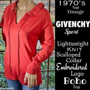 🆕VTG▪️GIVENCHY▪️70's Lightweight Knit Scalloped Collar Embroidered Logo Top